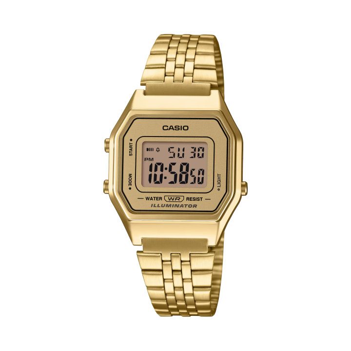 Reloj digital Casio unisex dorado con pulsera de acero vista frontal