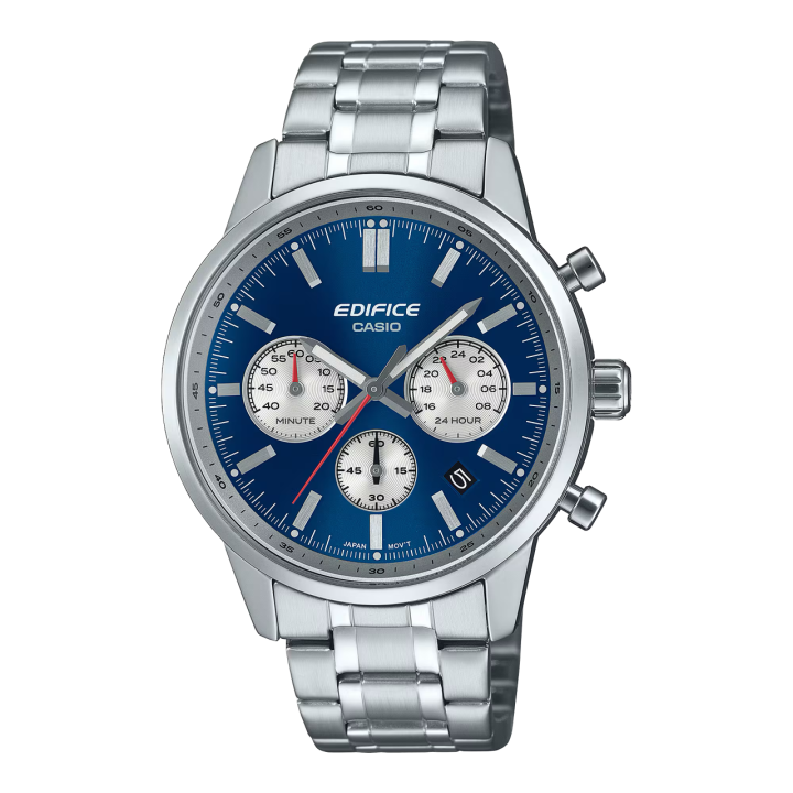 Reloj Casio Edifice para hombre cronografo de acero plateado con esfera azul vista frontal