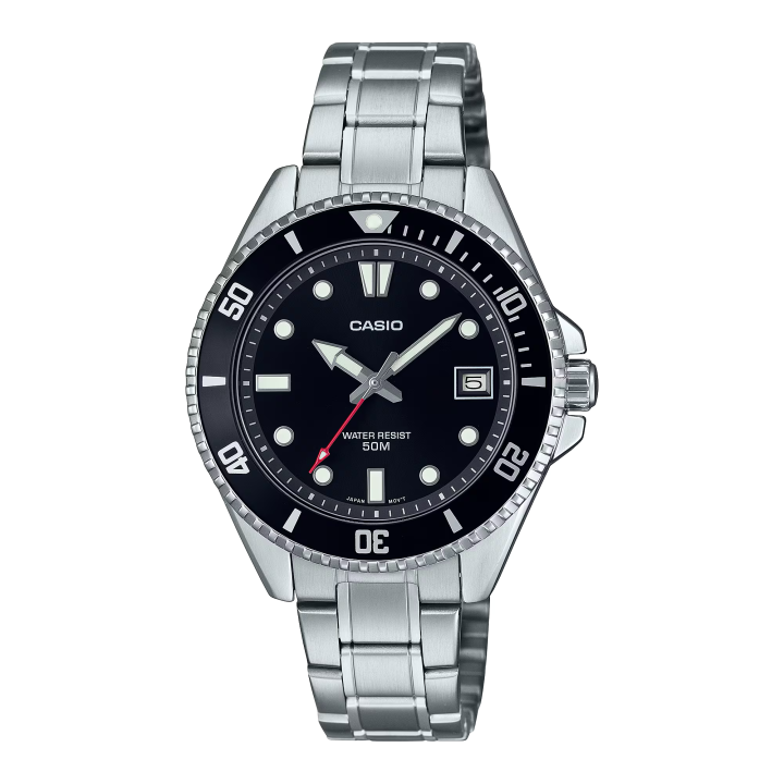 Reloj Casio MDV-10D-1A1V de acero inoxidable con esfera negra y fechador, vista frontal.