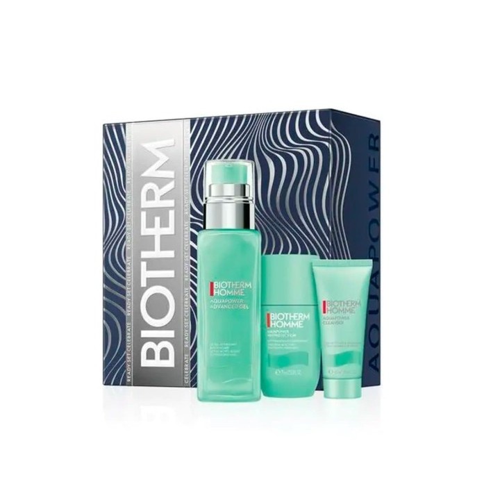 Set facial Aquapower Biotherm para hombre con frasco verde y espuma azul