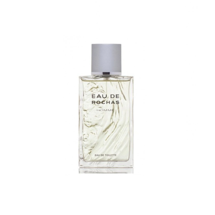 Perfume Rochas para hombre en frasco azul con tapa metálica vista frontal