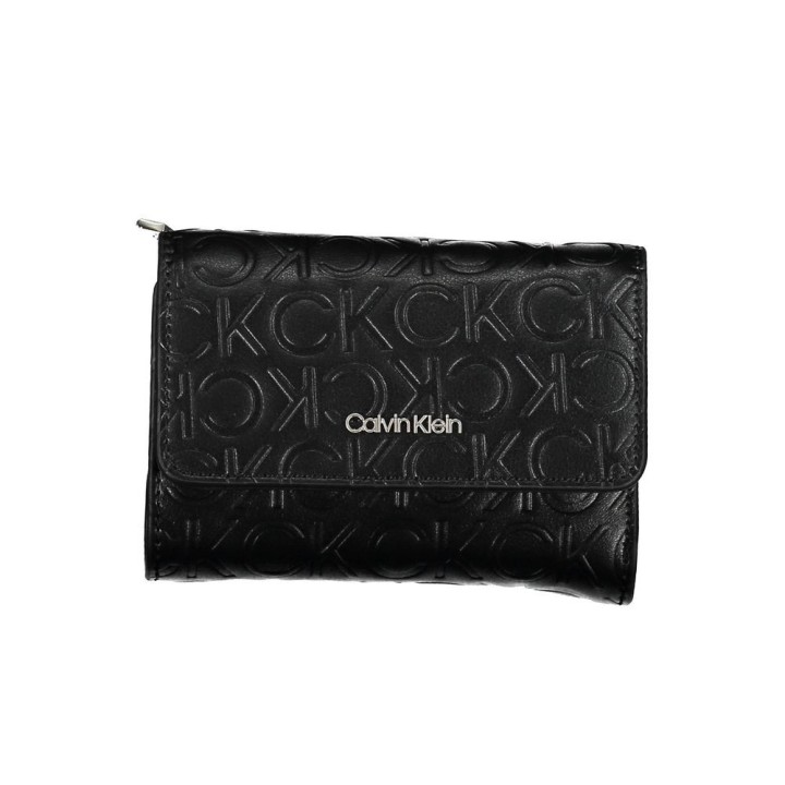 Billetera negra de cuero para mujer Calvin Klein con logotipo en relieve vista frontal