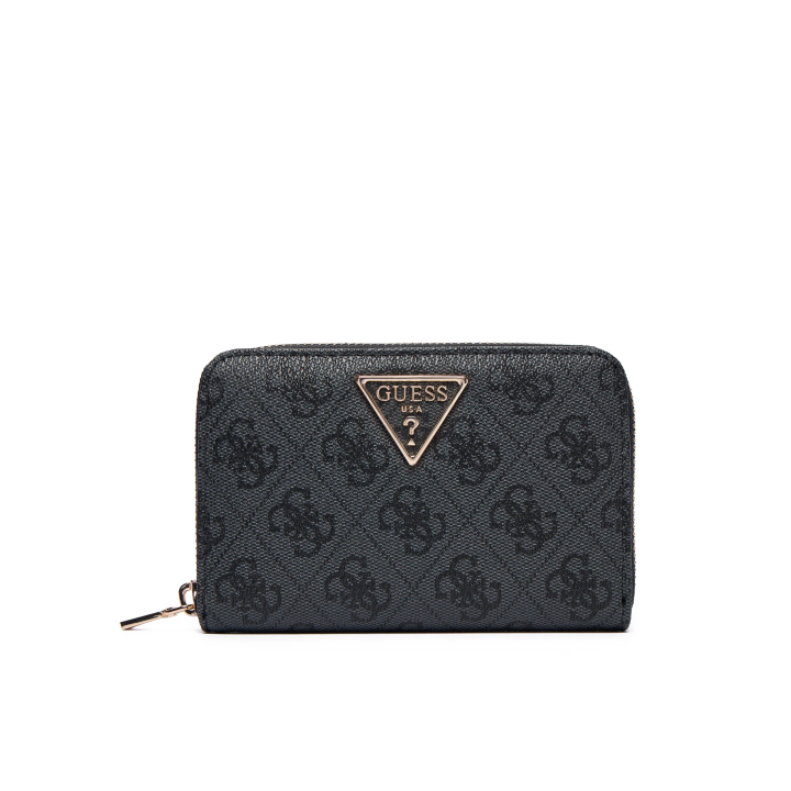 Cartera de polietileno negra para mujer Guess vista frontal con logo triangular