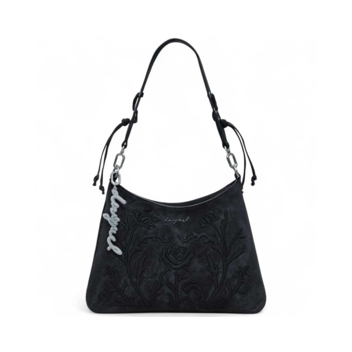 bolso negro bordado para mujer desigual vista frontal con asa ajustable y charm de logo