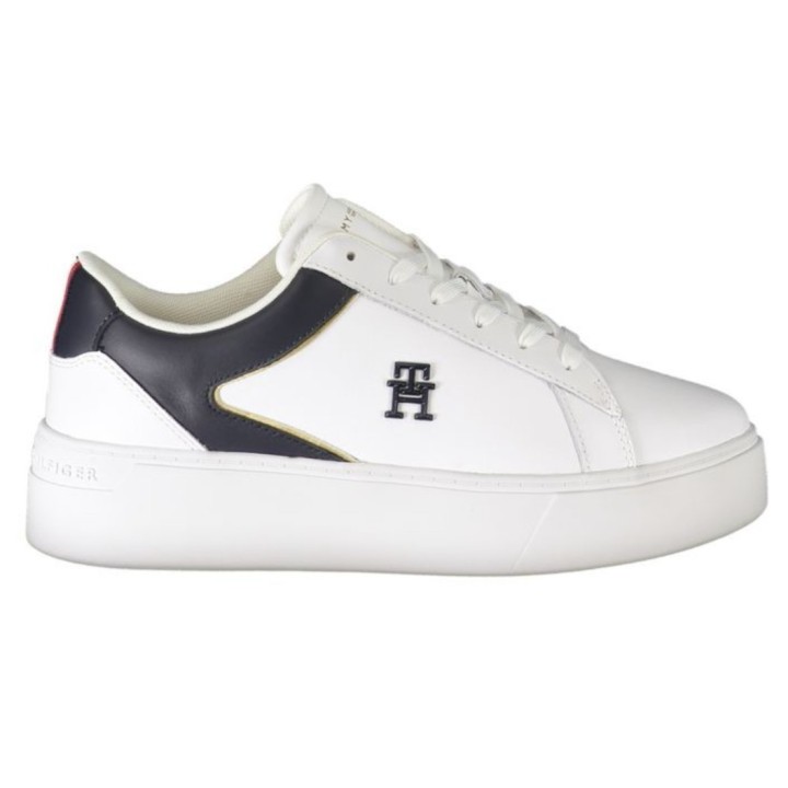 Zapatillas blancas de poliéster para mujer Tommy Hilfiger vista lateral con logo y detalle en contraste