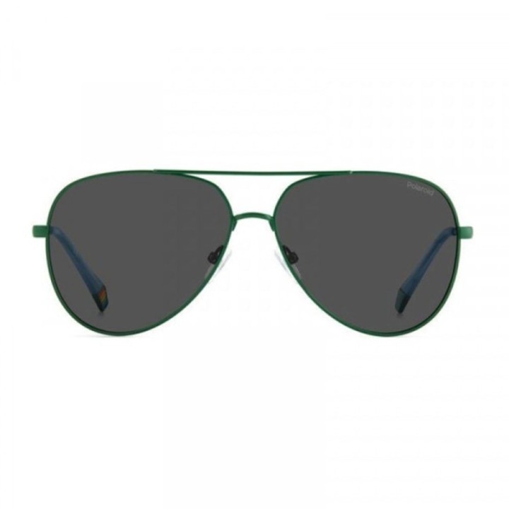 Gafas de sol metálicas verdes Polaroid unisex vista frontal con lentes polarizadas grises