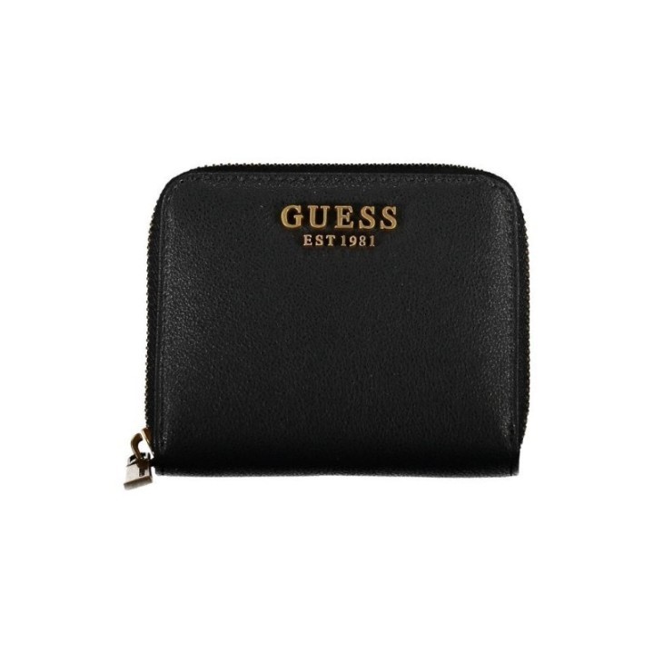 Cartera Guess negra de polietileno para mujer vista frontal con logo dorado