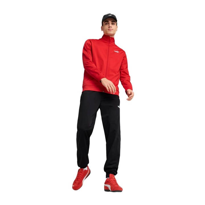 Chándal Puma Essentials de poliéster chaqueta y pantalón rojo negro vista frontal