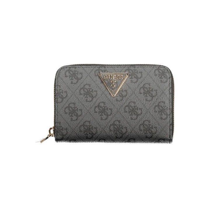 Cartera de polietileno negra para mujer Guess vista frontal con logo triangular