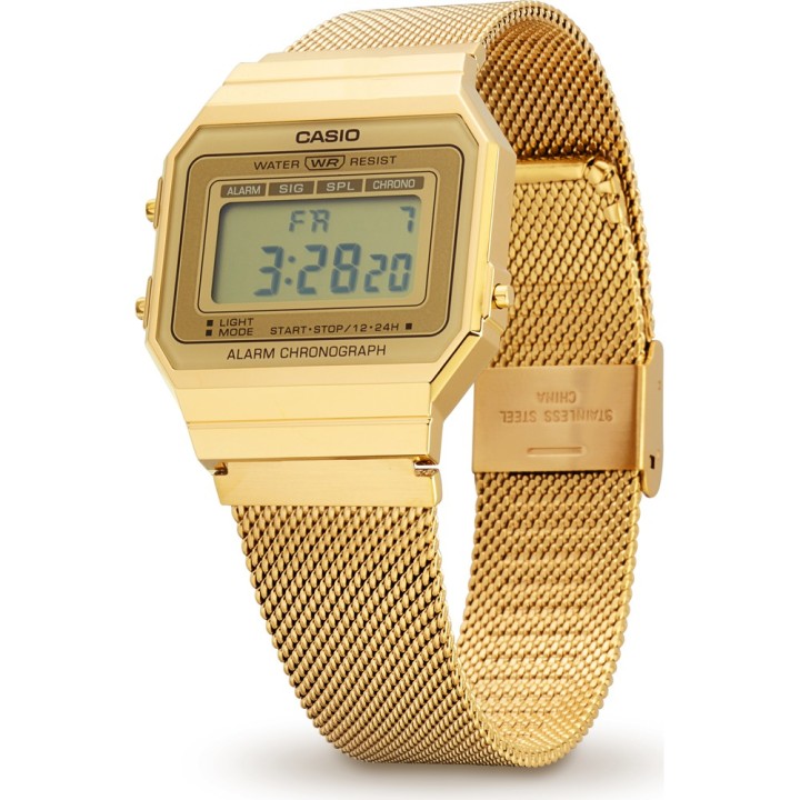 Reloj digital Casio unisex dorado con malla de acero vista frontal vista lateral