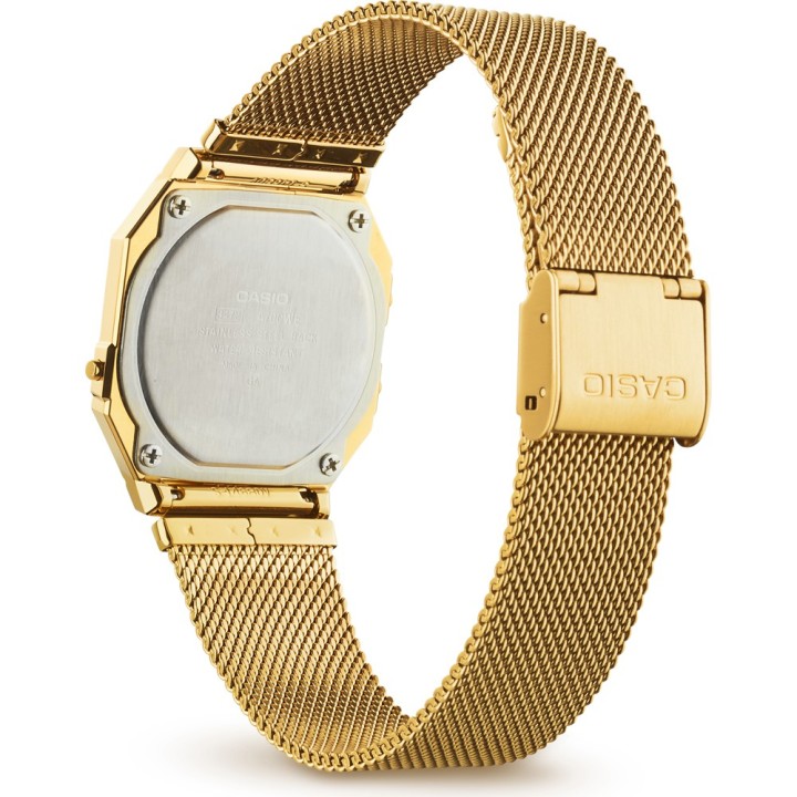 Reloj digital Casio unisex dorado con malla de acero vista frontal vista dorsal tres cuartos