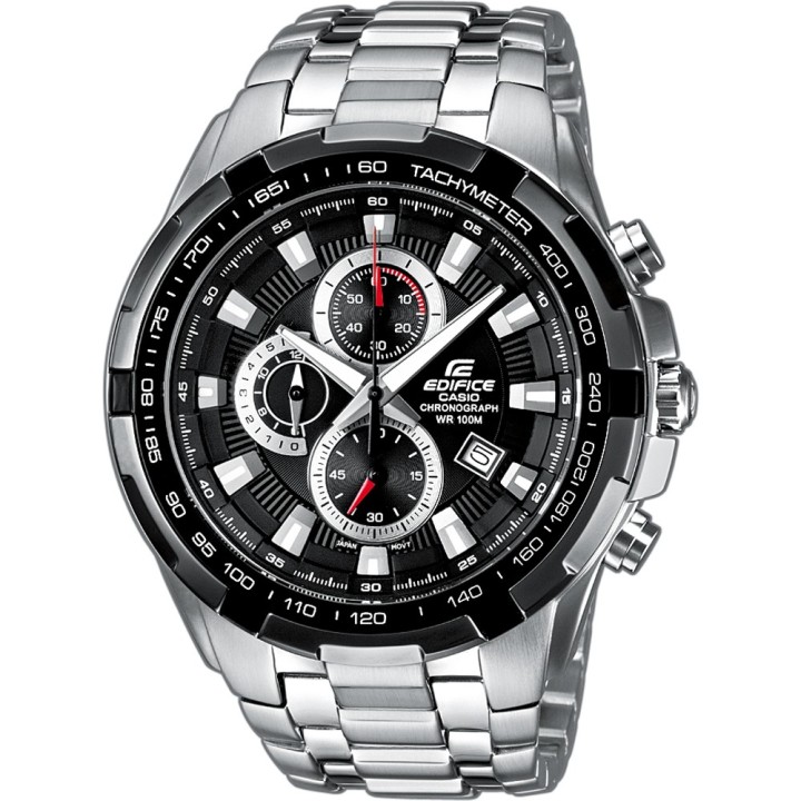 Reloj Casio Edifice cronografo de acero plateado con esfera negra vista frontal