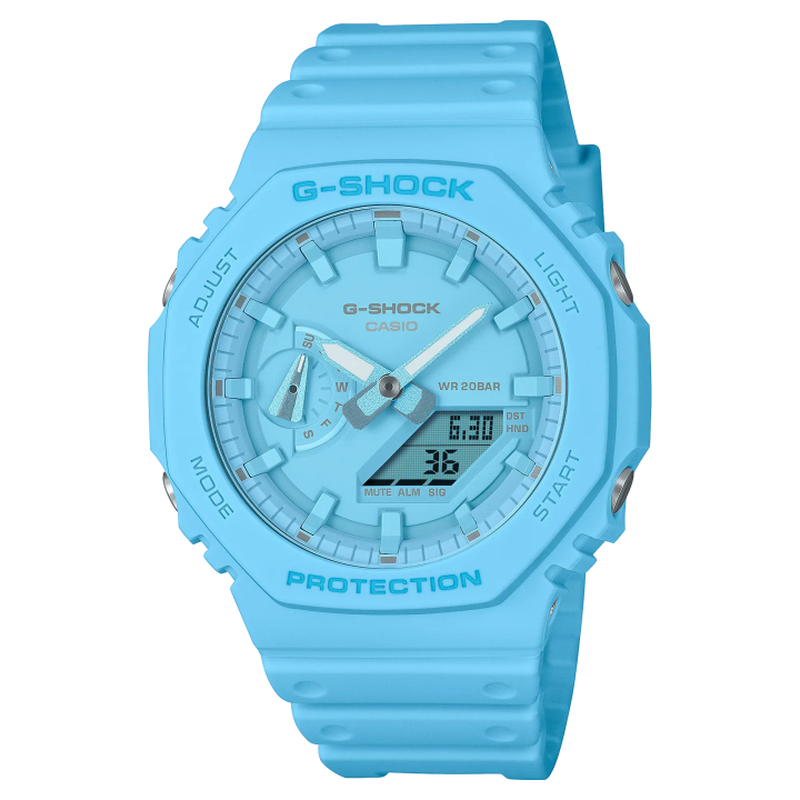 Detalle de la esfera analógico-digital del Casio G-Shock GA-2100-2A2 azul claro vista frontal