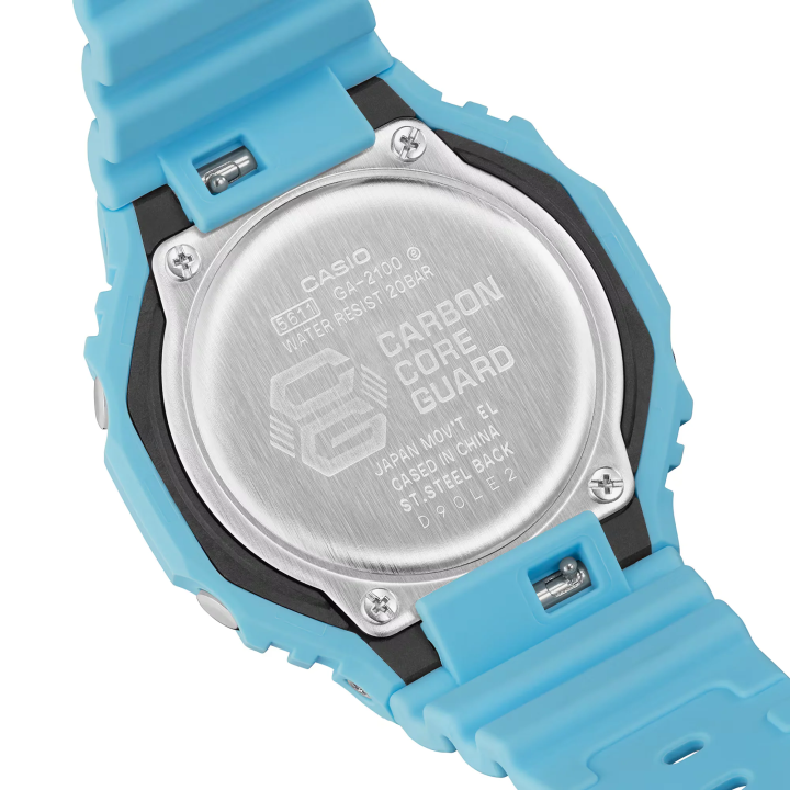 Detalle de la esfera analógico-digital del Casio G-Shock GA-2100-2A2 azul claro vista dorsal