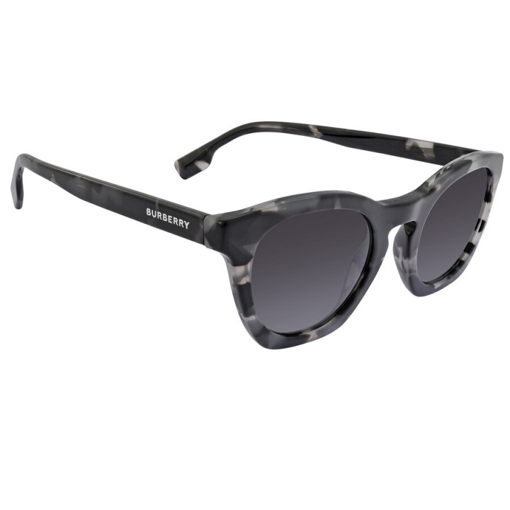 Detalle de gafas de sol ojo de gato negro y gris Burberry BE4367 Yvette para mujer