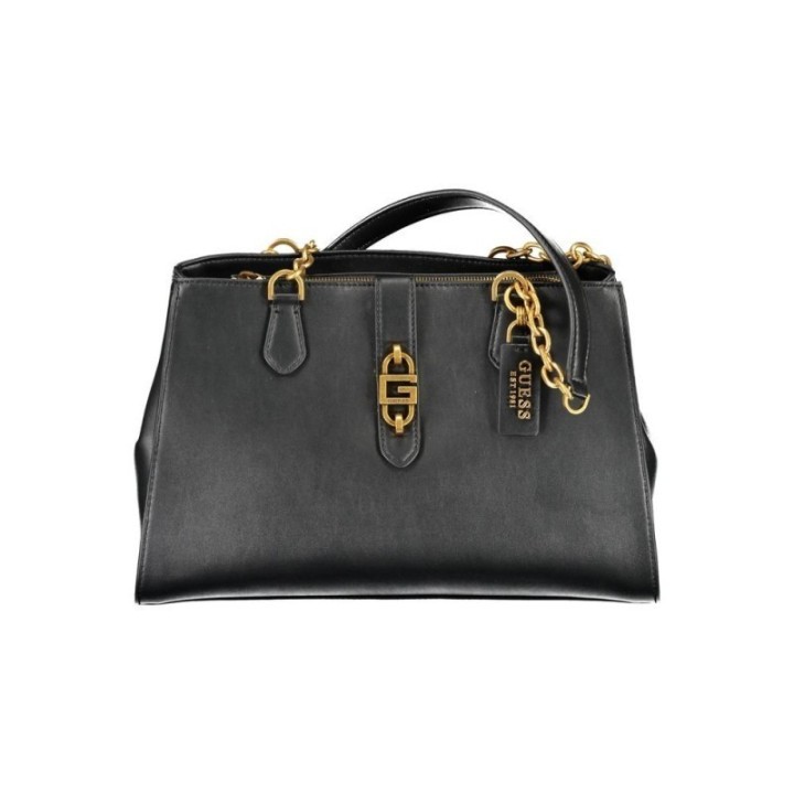 bolso negro Guess para mujer con cadena y detalles dorados vista frontal