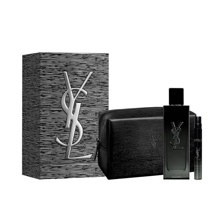 Estuche regalo de perfume ysl negro con frasco y neceser vista frontal
