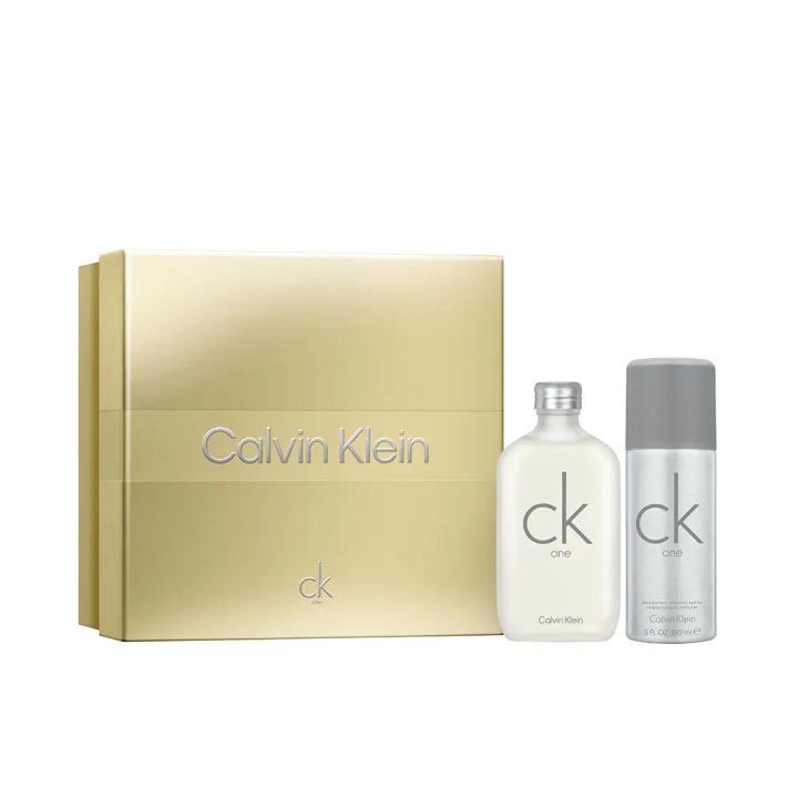 Estuche de perfume CK One de Calvin Klein unisex con botella transparente y desodorante