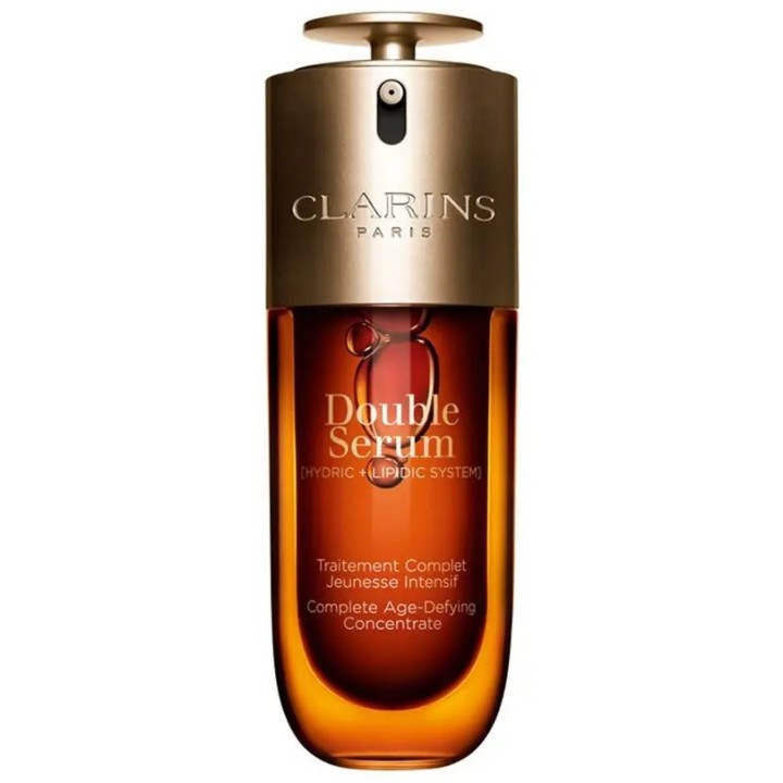 Double Serum antiedad Clarins en botella ámbar con dosificador vista frontal