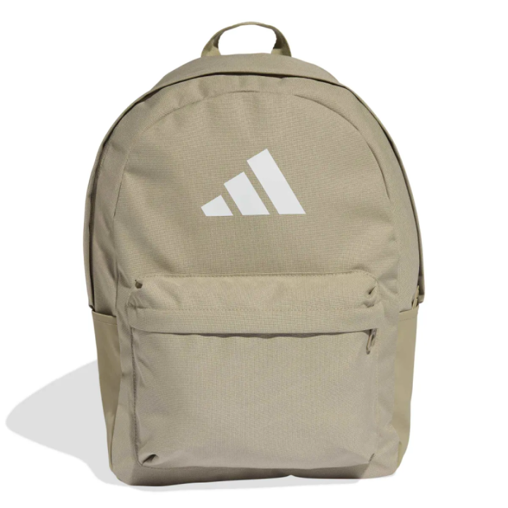 Mochila Adidas Classic 3 Bar Logo beige y blanca vista frontal
