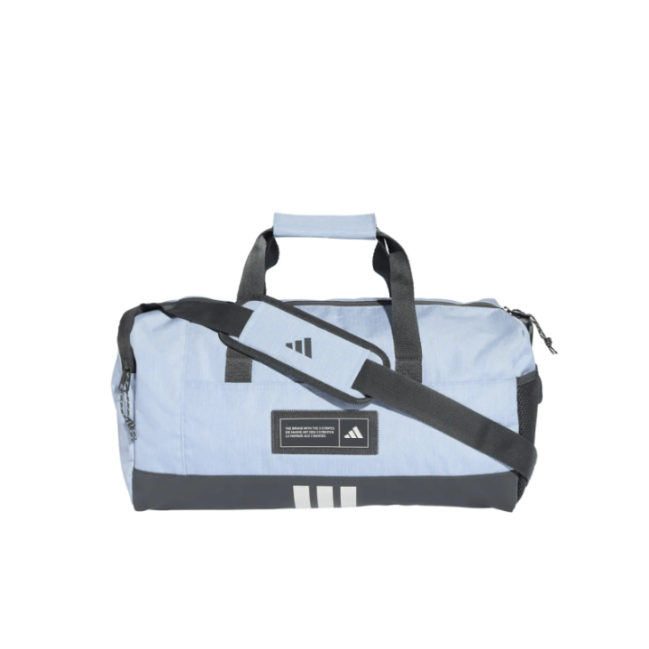 Bolsa de deporte Adidas pequeña azul y blanca vista frontal