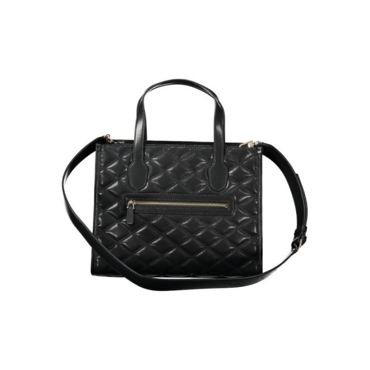 bolso acolchado negro Guess para mujer vista frontal con asas y bandolera ajustable