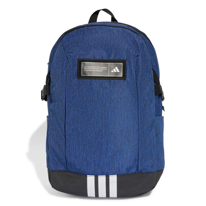 Mochila Adidas azul y blanca vista frontal