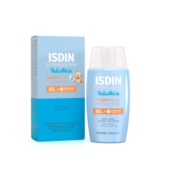 Fotoprotector ISDIN Pediatrics Fusion Fluid Mineral Baby SPF50 con envase y caja en vista frontal