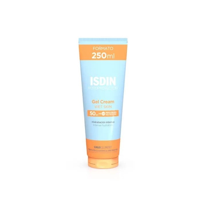 ISDIN Gel Cream Wet Skin SPF50 250 ml fotoprotector en tubo azul y naranja vista frontal