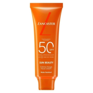 Protector solar facial Lancaster Sun Beauty SPF50 50 ml en tubo naranja vista frontal