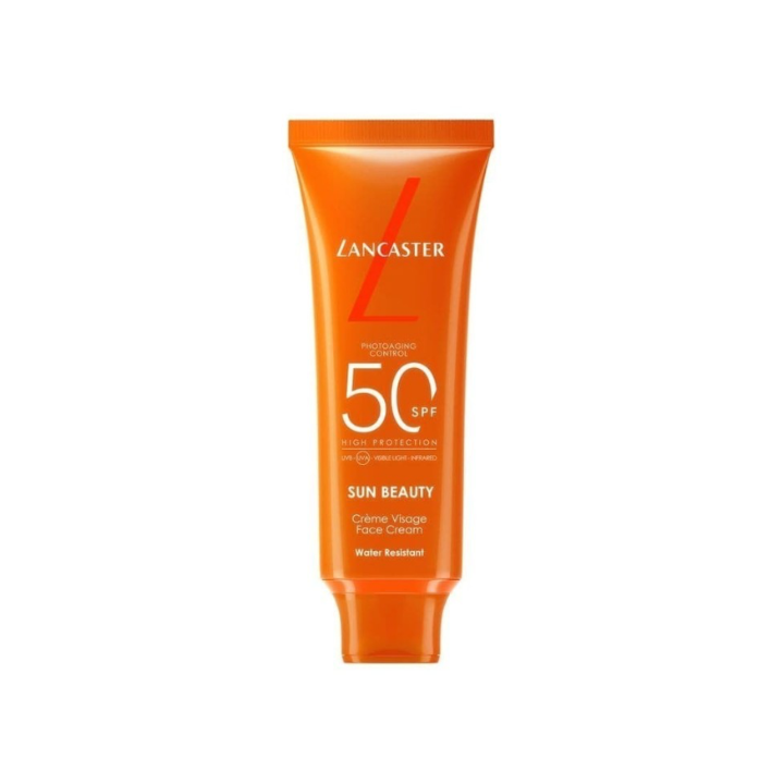 Protector solar facial Lancaster Sun Beauty SPF50 50 ml en tubo naranja vista frontal