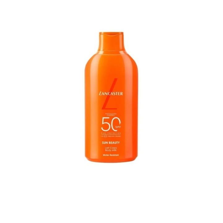 Leche solar corporal Lancaster SPF 50 400 ml en botella naranja vista frontal